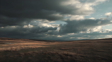 Obraz premium Dramatic clouds cascade over a vast, golden grassland casting long shadows under a shifting sky