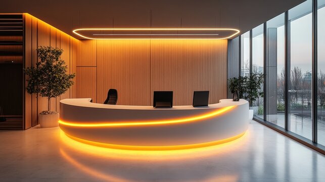 Modern office reception area with curved desk and ambient lighting