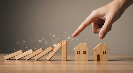 A hand pushing wooden dominoes towards two small wooden house models on a wooden surface with gray backdrop