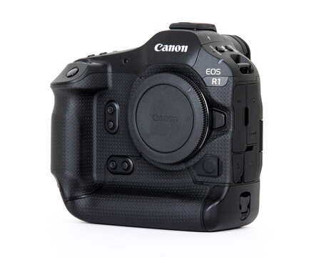 Charlotte, NC - USA - April 17, 2025 : The Canon R1 mirrorless camera on a white background. 