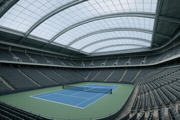 Indoor tennis stadium with curved glass roof covers clean blue hard court surrounded by empty grey seats in symmetrical layout.