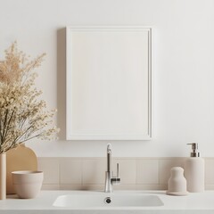 Fototapeta premium Mock up poster frame in modern kitchen interior. Scandinavian style, with beige walls, white countertops with built in sink and vertical mock up poster frame.