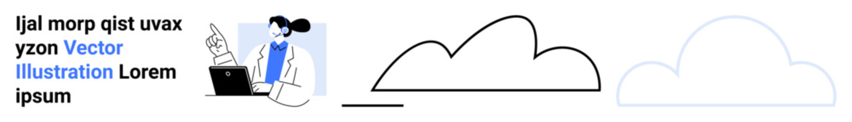 Individual using a laptop analyzing content, stylized cloud outlines nearby. Ideal for technology, data storage, cybersecurity, online tools, cloud computing, innovation, simple landing page