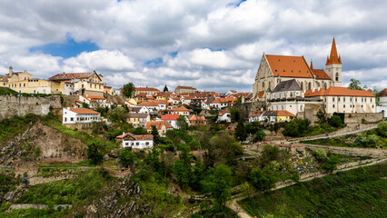 Fototapeta premium drone flyover of znojmo’s historic architecture and river valley