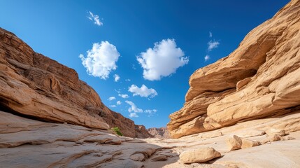 Fototapeta premium Expansive view of rocky canyons under a bright blue sky with fluffy white clouds.