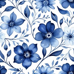 Fototapeta premium Blue Watercolor Floral Seamless Pattern