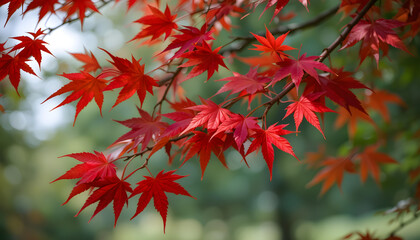 Red maple leaves in autumn with vibrant colors on branches in nature