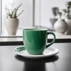 Fototapeta premium Xícara verde sobre pires branco em uma mesa de superfície escura, com fundo desfocado de vasos decorativos e luz natural suave entrando pela janela.