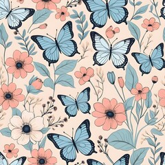 Seamless Pastel Floral and Butterfly Pattern