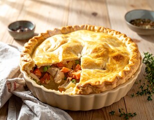 A golden-brown chicken pot pie with flaky crust and creamy filling sits on a rustic table with thyme, steam rising in warm light, evoking cozy, home-cooked comfort.