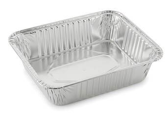 Obraz premium A shiny aluminum foil baking pan on a white background with a rectangular shape and fluted edges