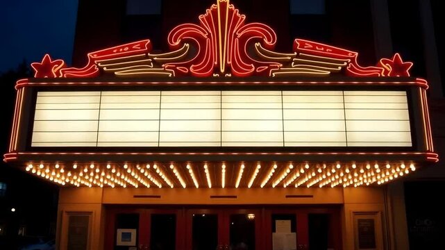 A vintage theater marquee with glowing lights, blank sign board, dark background, classic architectural design, retro style, inviting entrance