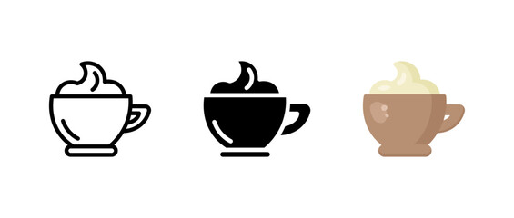 Cappuccino icon. Coffee cup with whipped cream or milk foam sign. Hot espresso-based drink symbol. Sweet cafe pictogram. Morning beverage illustration.