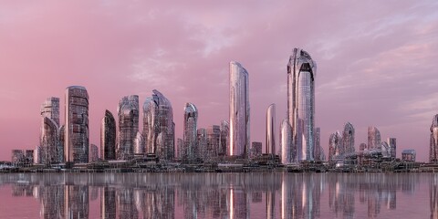 Obraz premium Futuristic cityscape skyline at dawn.