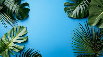 Tropical leaves arranged in a frame against a vivid backdrop.
