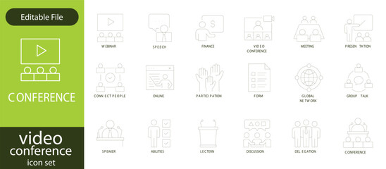 Big set of video conference line icons. Meeting, online, live, call etc. Editable stroke