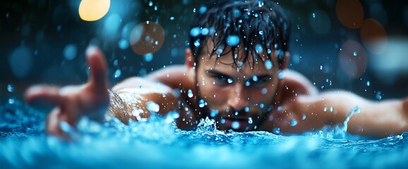 Man Swimming in a Pool with Splashing Water and Abstract Lights Background