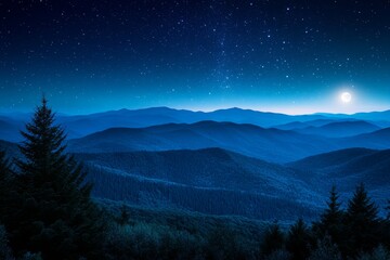 Nighttime mountain landscape under a starry sky