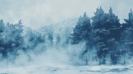 Serene foggy landscape with dense pine trees and misty atmosphere over a quiet forest scene in cool blue tones du early morning