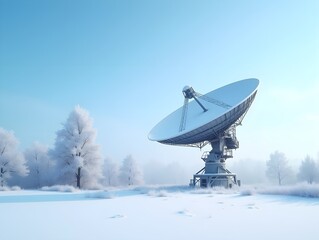 Snowy Satellite Dish A Winter Landscape of Communication Technology in a Rural Setting with Frost-Kissed Trees under a Clear Blue Sky