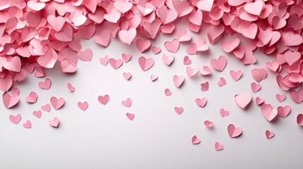 Fototapeta premium Abundant pink paper hearts on white background for romantic and creative projects