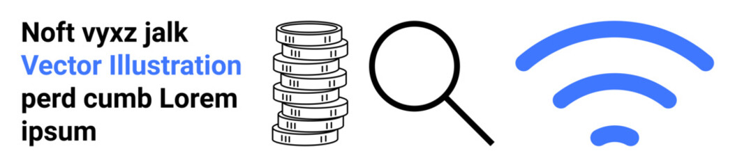 Magnifying glass next to stacked coins and wireless signal. Ideal for finance, search, research, technology, connectivity, communication, simple landing page