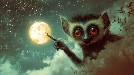 Fototapeta premium Aye aye shrouded in mist its finger touching the moon as if manipulating its very orbit amidst a sky full of constellations