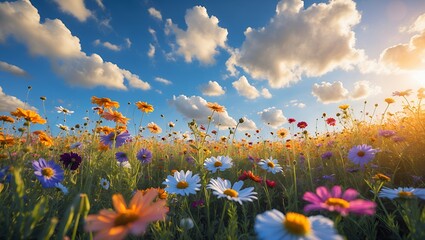 Colorful Wildflower Meadow Under a Blue Sky with Clouds