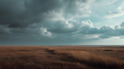 Contemplative field under tumultuous skies where amber grasses bow before an incoming deluge of water