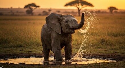Playful Elephant Spouting Water, Photo