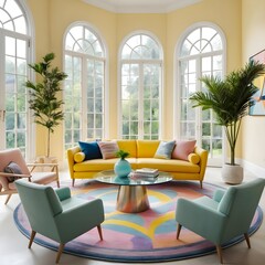 Bright Yellow Living Room with Pastel Rug and Tropical Plants