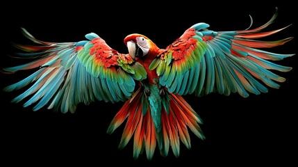 Obraz premium A vibrant macaw in mid-flight, showcasing its striking red and green feathers, exuding motion and vitality.