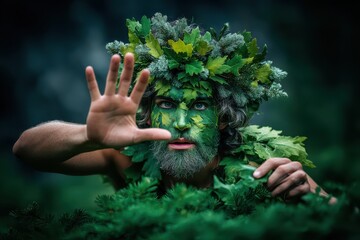Man in foliage costume reaching with hand