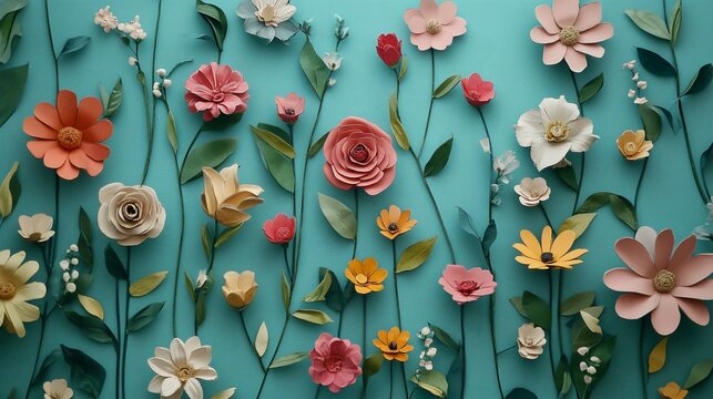 Colorful Handmade Paper Flowers Wall Decor: Origami Art with Botanical Design for Spring Theme Floral Arrangement Featuring Vibrant Blossoms, Layered Petals, and Green Leaves