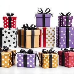 Stack of Gift Boxes with Polka Dots and Black Ribbons
