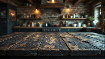 Dark rustic wood table sharply focused with blurred cozy kitchen background. Brick walls, wood beams, and soft lights create a warm, inviting setting.
