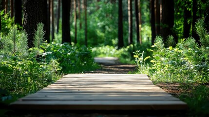 Obraz premium Serene pathway through a lush green forest with wooden planks.