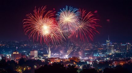 Night city skyline illuminated massive fireworks