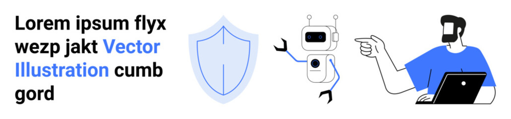 Man using laptop, shield symbol highlighting protection, and robot indicating technology. Ideal for AI, cybersecurity, teamwork, innovation, education, remote work flat landing page banner
