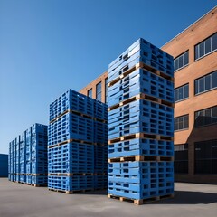 Fototapeta premium Stacked Blue Pallets Outside a Warehouse