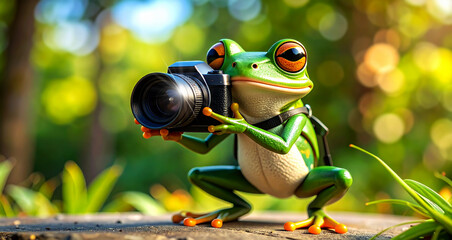 Extreme close-up of a green European tree frog taking a photo with a camera in a blurry outdoor environment in nature. Generative Ai.