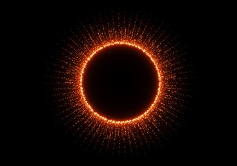 Naklejka premium A ring of bright orange particles surrounding a black circle in a dark background with light rays