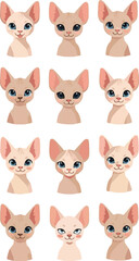 A collection of cute cartoon kitten pet heads in a modern flat illustration style, showcasing a hairless Sphynx cat with wrinkled skin and large ears, set against a white background.