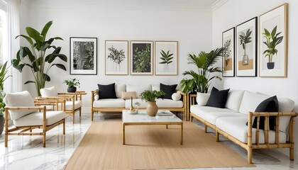 Fototapeta premium Modern Living Room with Bamboo Furniture and Tropical Plants
