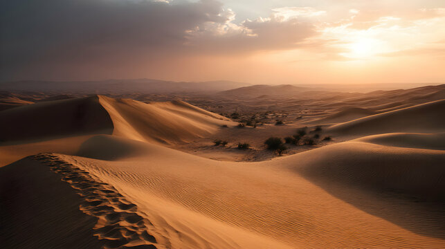 Tranquil expanse of desert dunes meeting a soft sunset, painting a canvas of serene isolation