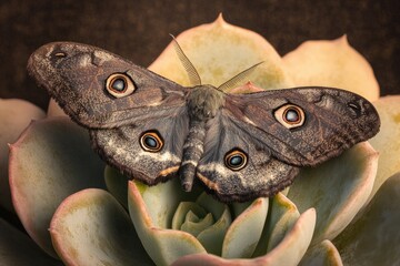 A large, dark-grey moth with striking eye-spots rests on a succulent plant.