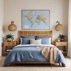 Calm and Cozy Bedroom Interior with Rattan Headboard