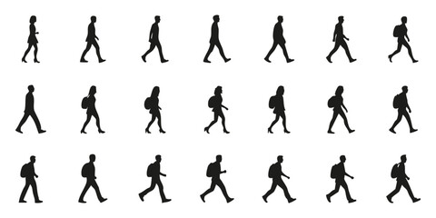 Walking People Silhouette Set. Diverse Individuals With Backpacks In Motion. Isolated Vector Illustration Collection