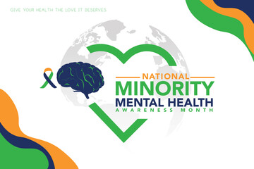 Minority Mental Health Awareness Month. Vector web banner for social media, poster, card, flyer. Text Minority Mental Health Awareness Month, July. Human head, a plant with leaves on white background.
