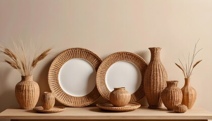 Fototapeta premium Bohemian Home Decor Still Life with Wicker Vases and Plates